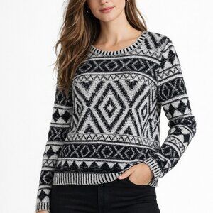 Lucky Brand Jacquard Black White Geometric Print Long Sleeve Sweater Womens L